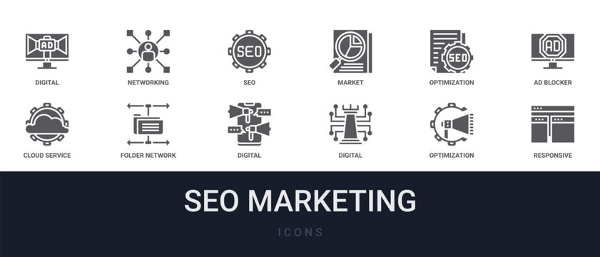 Set of 12 solid SEO Marketing icons for dashboards, app screens and website sections. Filled glyph collection including networking, market research, ad blocker, folder network and digital marketing.
