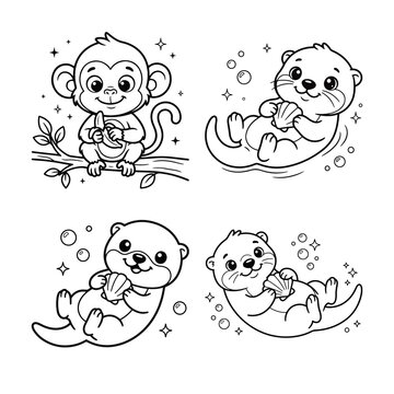 Cute Llama and Monkey Coloring Sheet Vector Outlines for Children