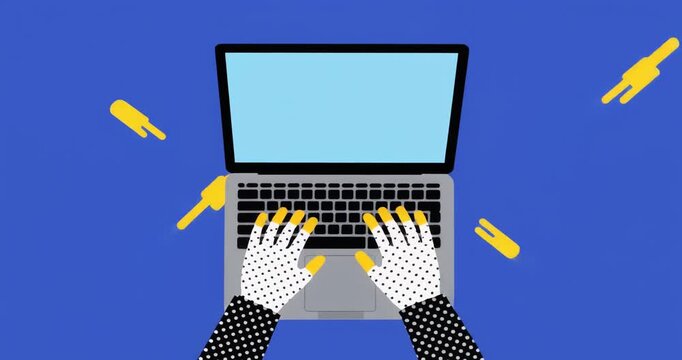 Halftone hands typing on a laptop with blue background animation