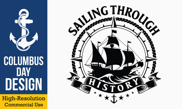 Sailing Through History - Vintage nautical emblem with a sailing ship and compass rose silhouette
