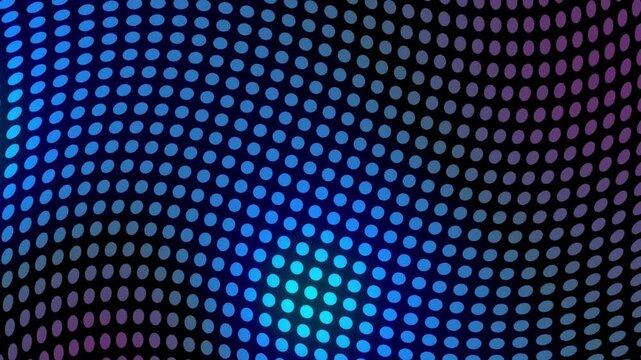Curved dotted matrix with pulsing bright bulge moving diagonally across dark gradient background, shifting cyan blue highlights toward magenta purple glow with smooth abstract depth