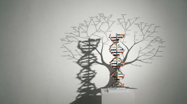 Dna helix sculpture casting a tree shadow on a pedestal for science exhibition background and educational poster design