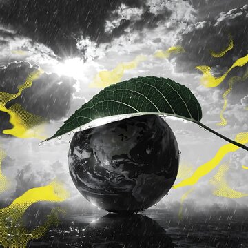 Globe sheltered by a green leaf against dark rainy storm clouds