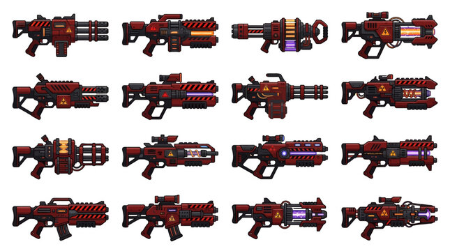 Pixel Art Sci-Fi Red Futuristic Weapons Set Isolated on White Background