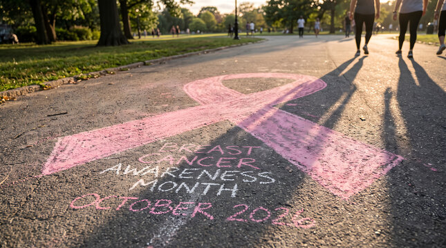 Pink ribbon breast cancer awareness message drawn with chalk on park pavement during golden hour sunset with people walking in the background on a sunny afternoon