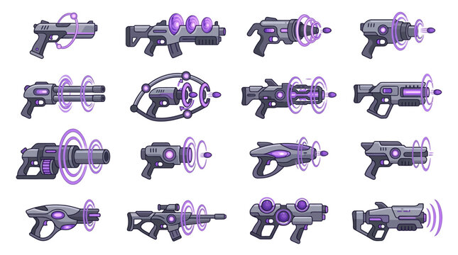 Assortment of Futuristic Laser Weapons Sci-Fi Blasters, Ray Guns, and Plasma Rifles with Dynamic Energy Effects