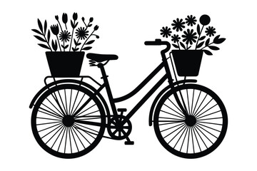 Obraz premium Silhouette illustration of a vintage bicycle carrying flower pots in baskets