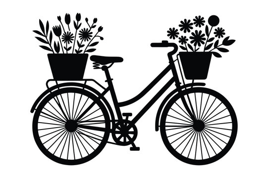Silhouette illustration of a vintage bicycle carrying flower pots in baskets