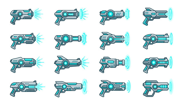 Set of Sixteen Futuristic Sci-Fi Laser Blaster Handguns for Video Game Inventory Items