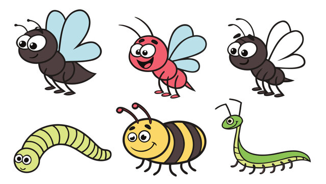 Vector illustration of set of cute cartoon insects and bugs
