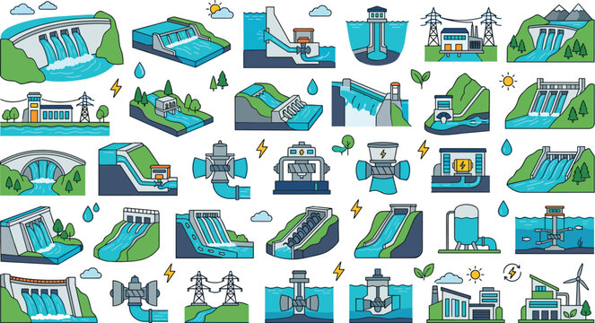Flat vector illustration collection featuring various types of hydroelectric power dams and water turbines isolated on white background