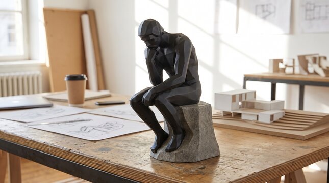 Modern low poly thinker sculpture on a designer workspace with architectural models, symbolizing creativity, innovation, design thinking, and contemporary art