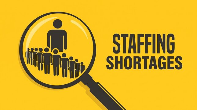 Staffing shortages concept on yellow background, magnifying glass focusing on human icons, recruitment and labor crisis illustration