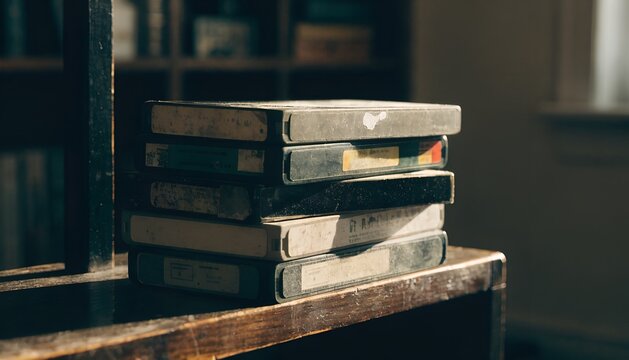 Stack Of Dusty Vintage VHS Video Cassette Tapes On A Rustic Wooden Shelf In A Dimly Lit Room