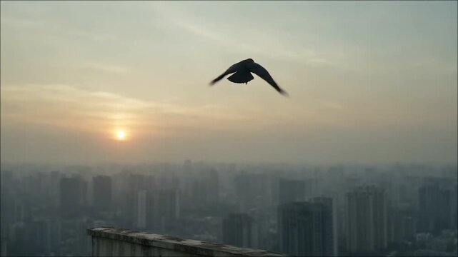 Crow Flying Over City at Sunset