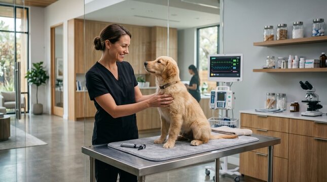 Friendly female veterinarian in black scrubs examining a golden retriever puppy on the table in a modern clinic