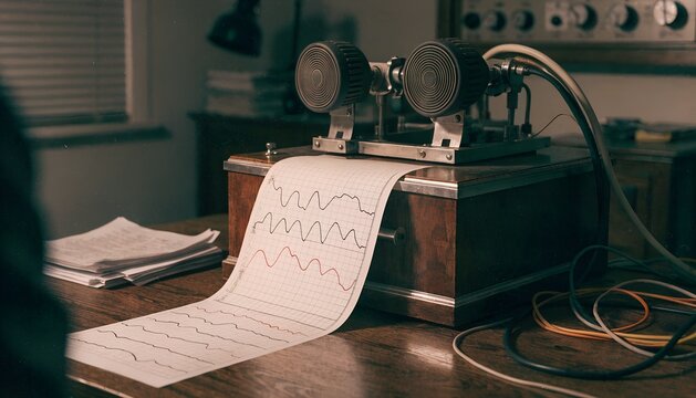 Vintage Telegraphic Receiver Printing Data On Paper Tape In A Dimly Lit Historical Office Setting