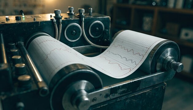 Vintage Mechanical Polygraph Machine Recording Red Ink Data Patterns On Rolling White Paper Graph