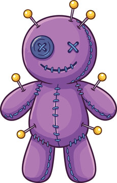 Cute purple voodoo doll cartoon vector illustration isolated on white background spooky magic character sticker design