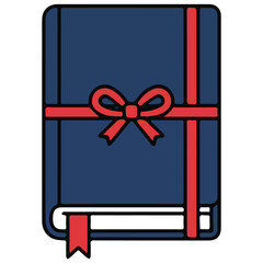 Dark blue gift wrapped book with red ribbon and bow on cover, tied shut