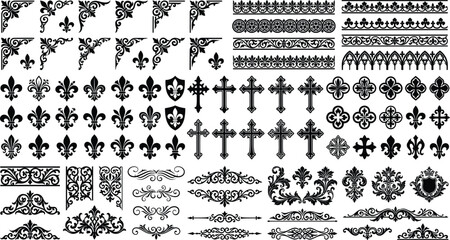 Medieval gothic ornaments vector set, fleur de lis symbols, christian crosses, filigree corner borders, seamless trim patterns, text dividers, black elements © Graphiccircle