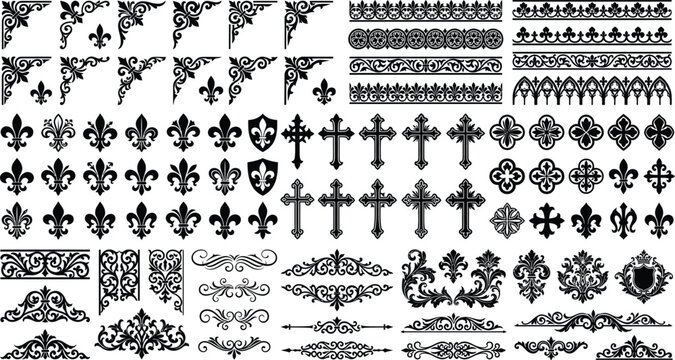 Medieval gothic ornaments vector set, fleur de lis symbols, christian crosses, filigree corner borders, seamless trim patterns, text dividers, black elements
