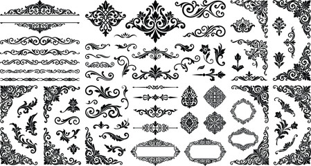 Filigree scrollwork ornaments vector set, vintage baroque damask headers, calligraphic corner borders, text dividers, floral medallions, decorative crests, black elements © Graphiccircle