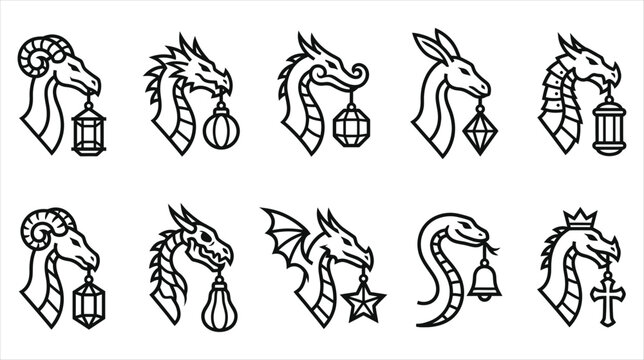 Professional asset sheet of fantasy monster bone keys line icons collection on a white background