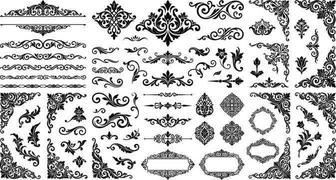 Filigree scrollwork ornaments vector set, vintage baroque damask headers, calligraphic corner borders, text dividers, floral medallions, decorative crests, black elements