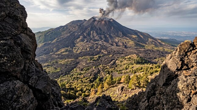 Volcanic Eruption: A majestic volcano erupts, spewing ash and smoke into the sky, showcasing the raw power and destructive beauty of nature.