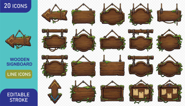 Assorted fantasy wooden signboard collection for game UI design with hanging vines and textures