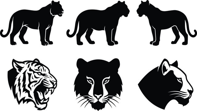 Tiger and Panther Silhouette Icon Set Featuring Roaring Big Cats Head Mascots and Full Body Profiles for Sports Logos, Tattoos, and Wild Animal Graphic Designs