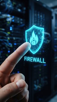 Hand touching digital firewall security shield icon