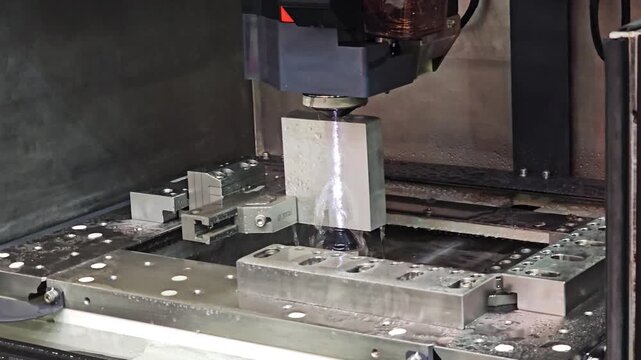 CNC Wire Cut EDM Machine Processing Steel Workpiece with High Precision in Manufacturing Workshop