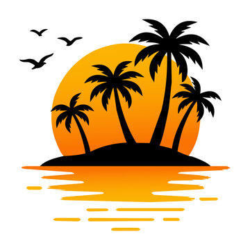 Tropical Island Sunset with Palm Trees Vector Silhouette Illustration. Resizable and editable, EPS 10.
