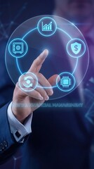 Fototapeta premium Business hand interacting financial management pipeline workflow with secure shield icon