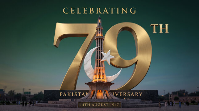Golden 79th Pakistan Anniversary celebration poster, 14th August independence day background, 3D metallic numbers with national monument and crescent moon