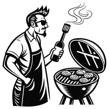 Vector illustration of cool man with sunglasses and apron grilling burgers on a barbecue grill