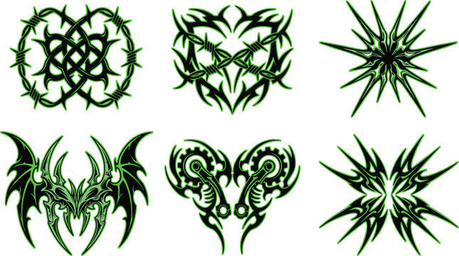 Green Neo Tribal Tattoo Icon Set with Cyber Sigilism, Barbed Wire, Bio Mechanical Hearts, and Gothic Spiky Star Symbols for Edgy Streetwear Apparel Graphic Designs