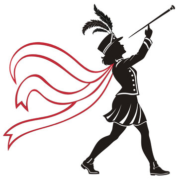 Vector illustration of silhouette of a majorette twirling a baton with flowing ribbons