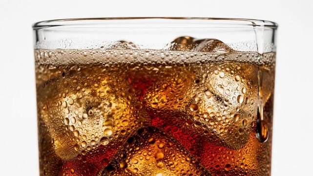 Close-up of a refreshing cola drink being poured over ice cubes, creating bubbles and condensation on the glass