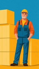 Obraz premium Worker standing beside stacked boxes in safety gear against blue background