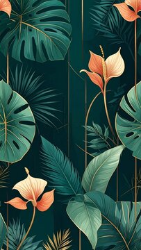 Tropical art deco jungle with philodendron monstera orchid and anthurium or Lush art deco botanical pattern with areca guzmania and hoya
