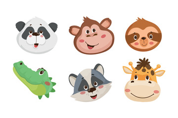 Fototapeta premium Cartoon vector illustration of a collection with six cute wild animal heads and smiling faces, isolated on white background.