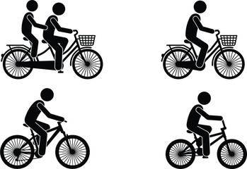 Obraz premium Cyclist stick figure silhouette vector icon set featuring people riding city bicycle tandem bike mountain bicycle and bmx