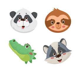 Fototapeta premium Cartoon vector illustration of a collection with four cute animal heads and smiling faces, isolated on white background.