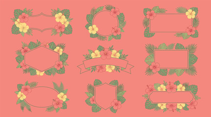 Tropical Hibiscus Floral Border and Frame Set with Monstera Leaves for Hawaiian Summer Party Invitations, Wedding Stationery, and Exotic Cosmetic Product Label Designs © MST
