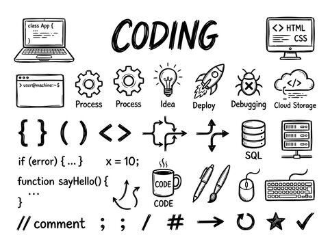 Coding symbols and software development icons.