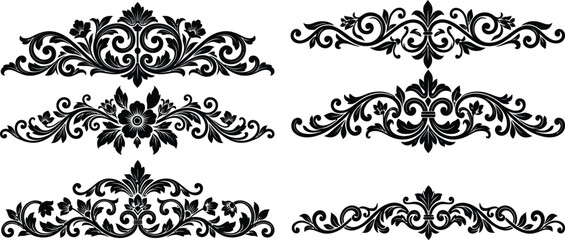 Filigree floral headers vector set, vintage baroque scrollwork pediments, acanthus leaf and blossom vignettes, decorative page dividers, black line art © Graphiccircle