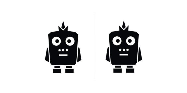 Minimalist black and white robot character icons set for technology and artificial intelligence design